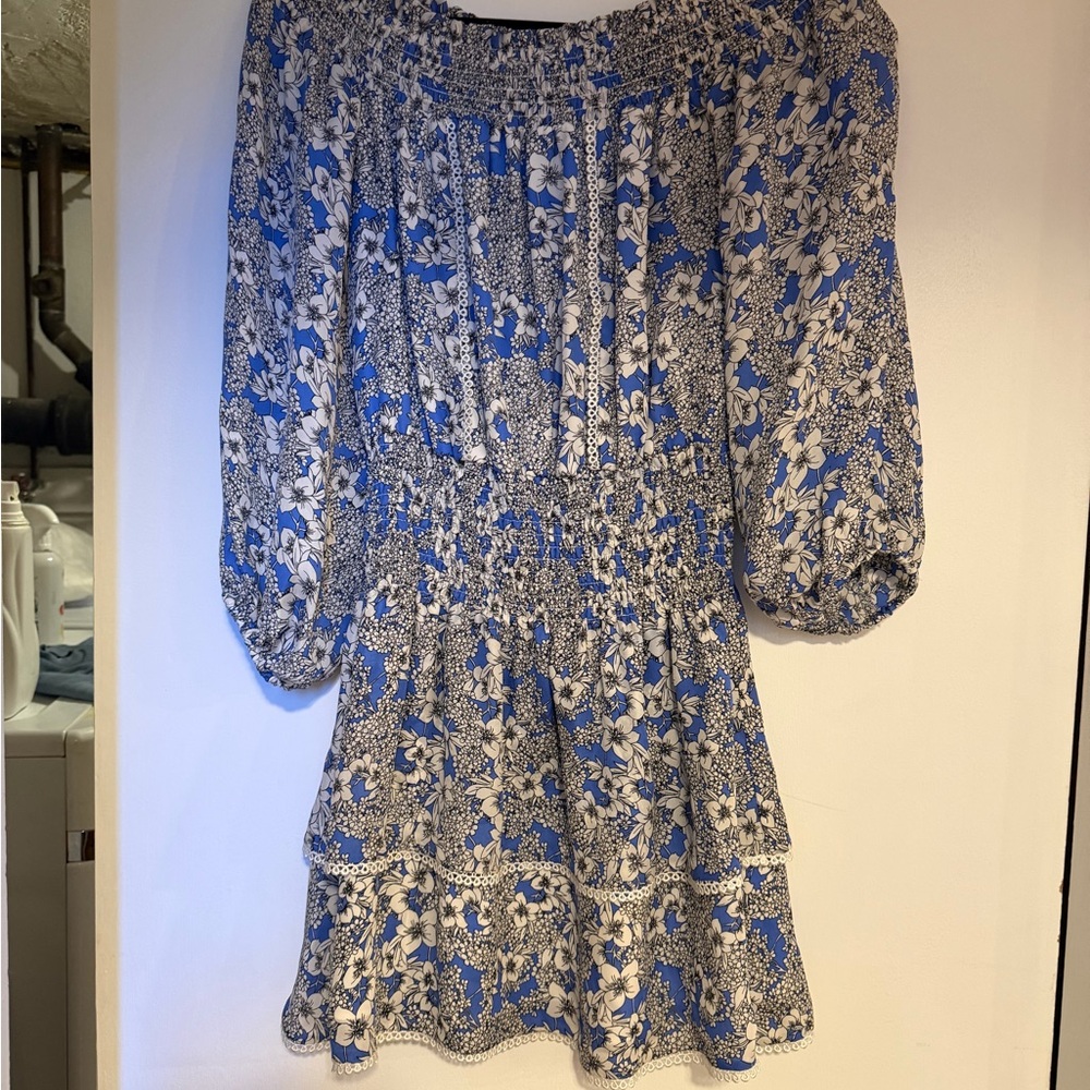 Parker Floral Blue and White Off-Shoulder Dress